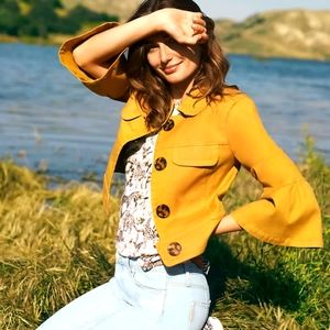 💛 Anthropologie Nora Flounce-Sleeved Trucker Jacket Size LP Fall Outerwear